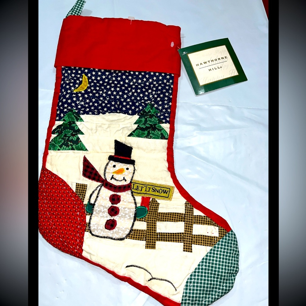 LET IT SNOW Cottagecore STOCKING Quilted PATCHWORK Christmas SNOWMAN stars 16x18
